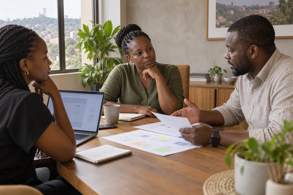 A business owner, technology adviser and product designer discussing a release plan.