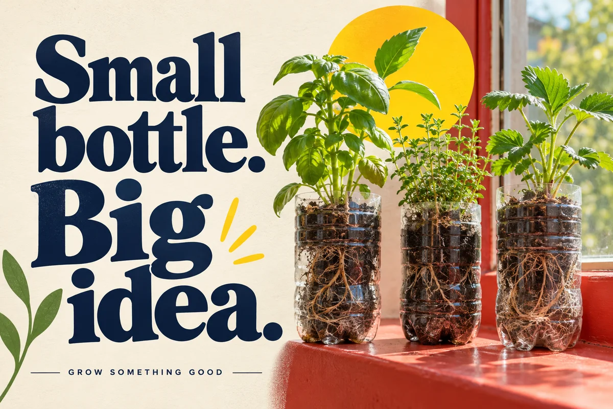 School campaign poster: Small bottle. Big idea. with reused bottle planters and green plants.