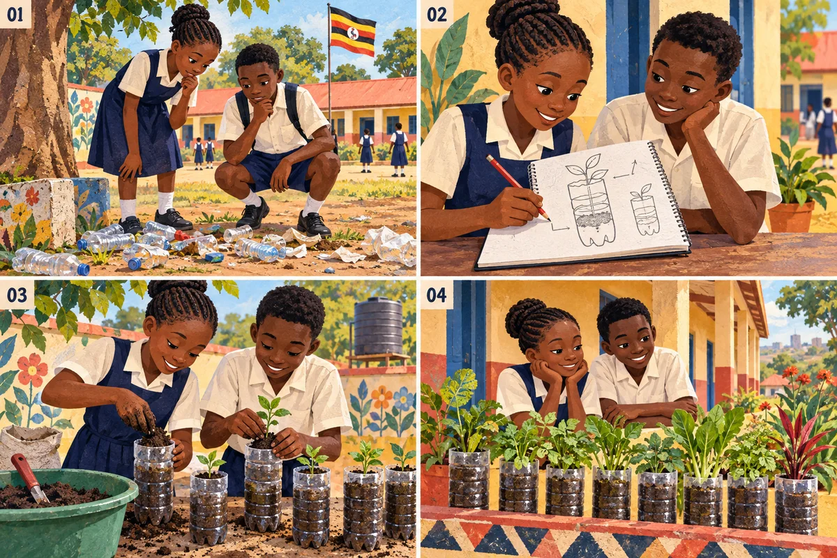 Scene 1: school friends notice discarded bottles in their schoolyard.