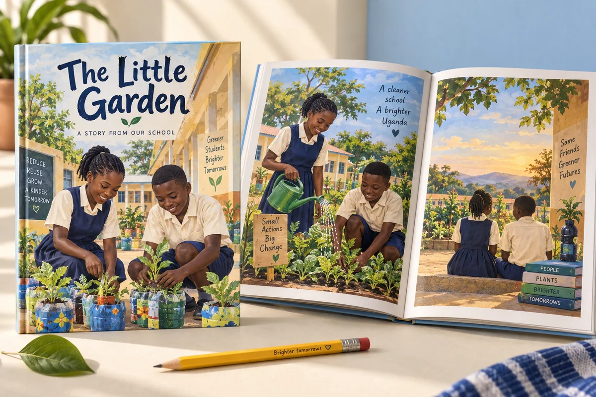 Illustrated book project: The Little Garden, with a cover and open story spread.